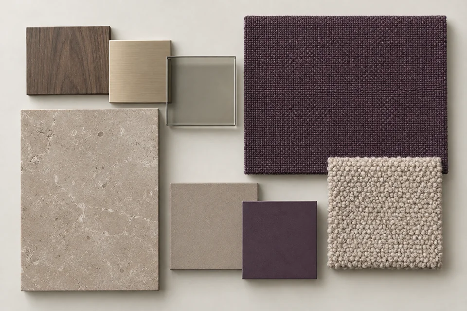 Aubergine & Taupe: Tím mận, taupe nấm, kim loại champagne. Bảng phối vật liệu minh họa AI.