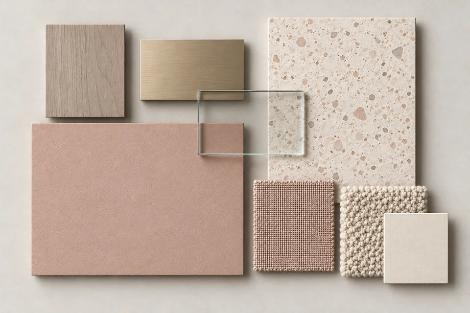 Blush & Terrazzo: Hồng phấn đất, terrazzo sáng, kim loại champagne. Bảng phối vật liệu minh họa AI.