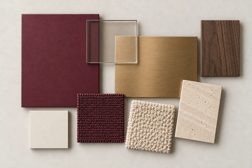 Burgundy & Brass: Đỏ rượu, đồng thau mờ, nền ngà. Bảng phối vật liệu minh họa AI.