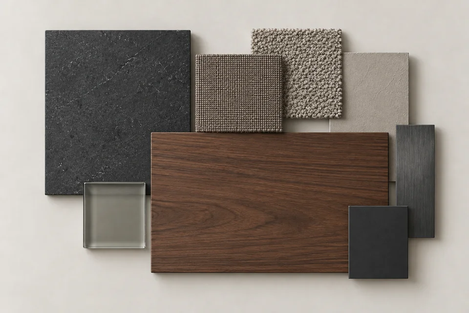 Charcoal & Walnut: Gỗ óc chó, đá than, kim loại tối. Bảng phối vật liệu minh họa AI.