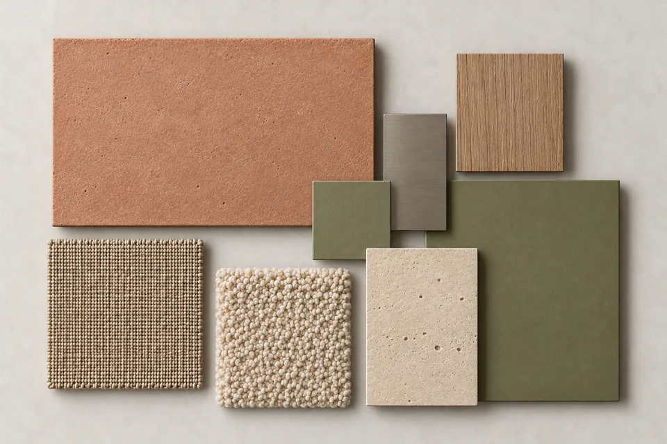 Clay & Olive: Đất sét hồng nâu, xanh olive, đá cát. Bảng phối vật liệu minh họa AI.