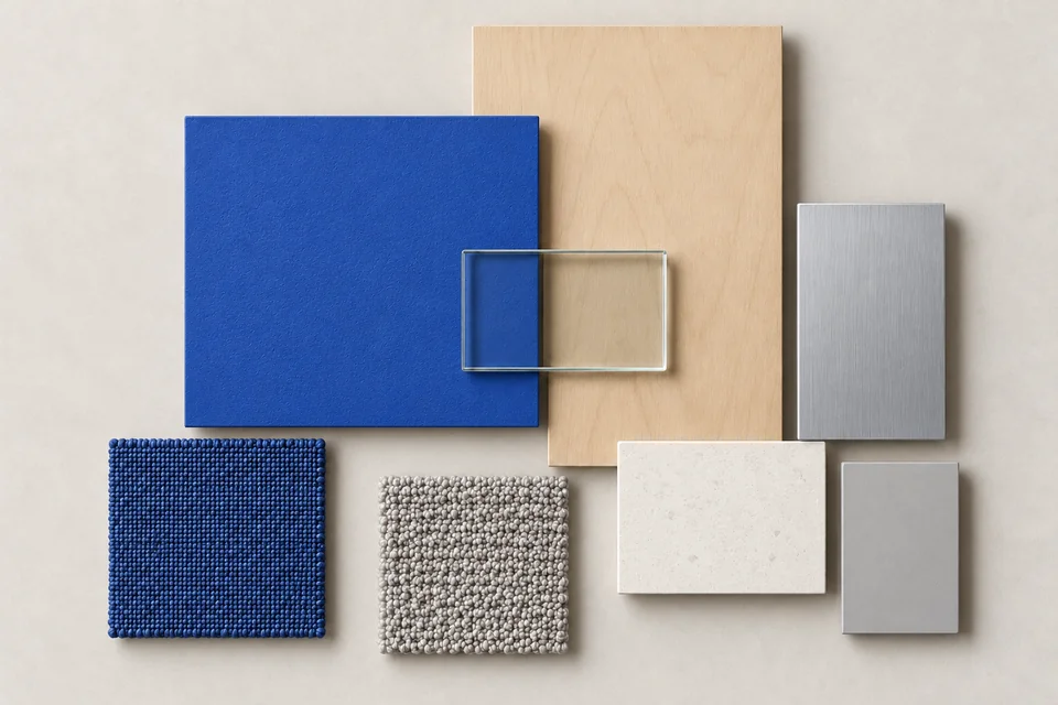 Cobalt & Birch: Xanh cobalt, gỗ bạch dương sáng, trắng phấn. Bảng phối vật liệu minh họa AI.