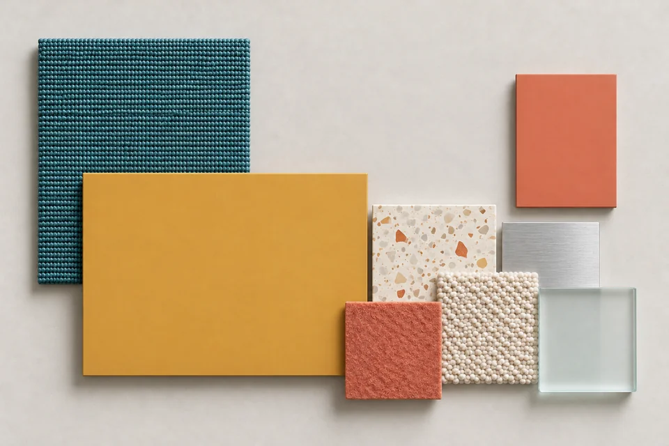 Color Block: Màu nhấn mạnh, vật liệu tương phản. Bảng phối vật liệu minh họa AI.
