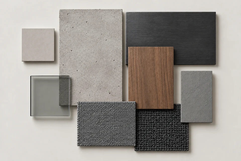 Concrete & Steel: Bê tông, thép đen, vân gỗ trầm. Bảng phối vật liệu minh họa AI.
