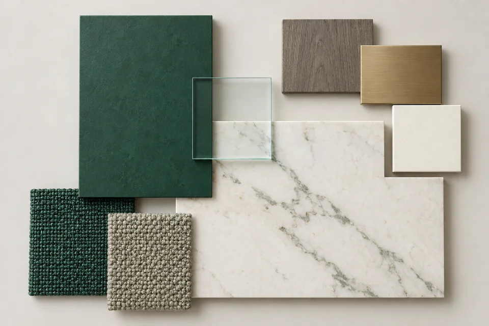 Emerald & Marble: Xanh emerald, marble trắng vân nhẹ, đồng mờ. Bảng phối vật liệu minh họa AI.