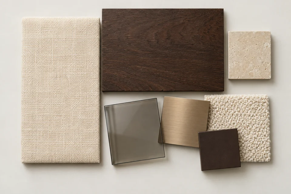 Espresso & Cream: Gỗ espresso đậm, linen kem, đá ngà. Bảng phối vật liệu minh họa AI.