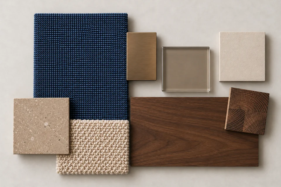 Indigo & Walnut: Xanh indigo, gỗ trầm, vải dệt. Bảng phối vật liệu minh họa AI.