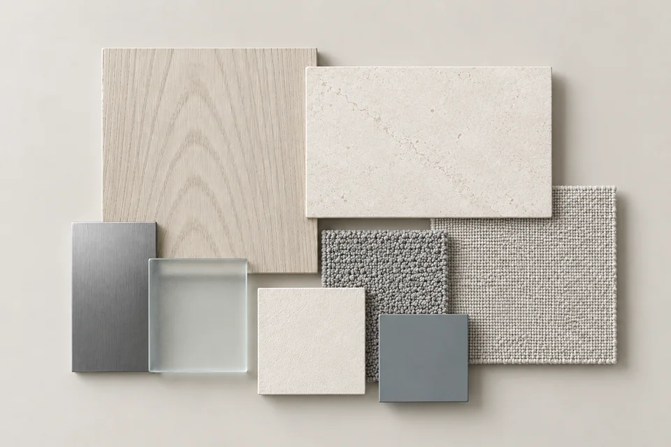 Ivory & Ash: Trắng ngà, gỗ tần bì, xám mềm. Bảng phối vật liệu minh họa AI.