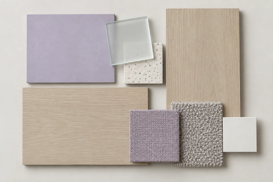 Lilac & Pearl: Tím lilac dịu, xám ngọc trai, gỗ tần bì sáng. Bảng phối vật liệu minh họa AI.