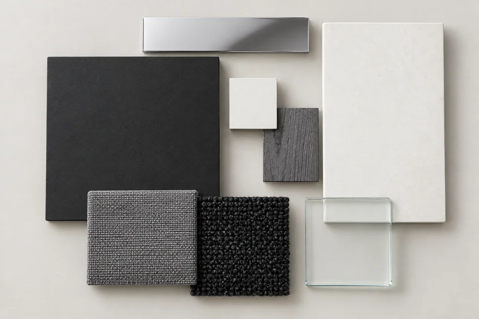 Monochrome & Chrome: Đen mờ, trắng sạch, chrome gương. Bảng phối vật liệu minh họa AI.
