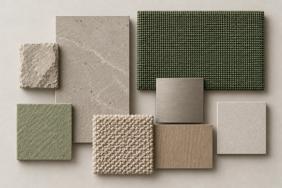 Moss & Stone: Xanh rêu, đá tự nhiên, bề mặt mộc. Bảng phối vật liệu minh họa AI.