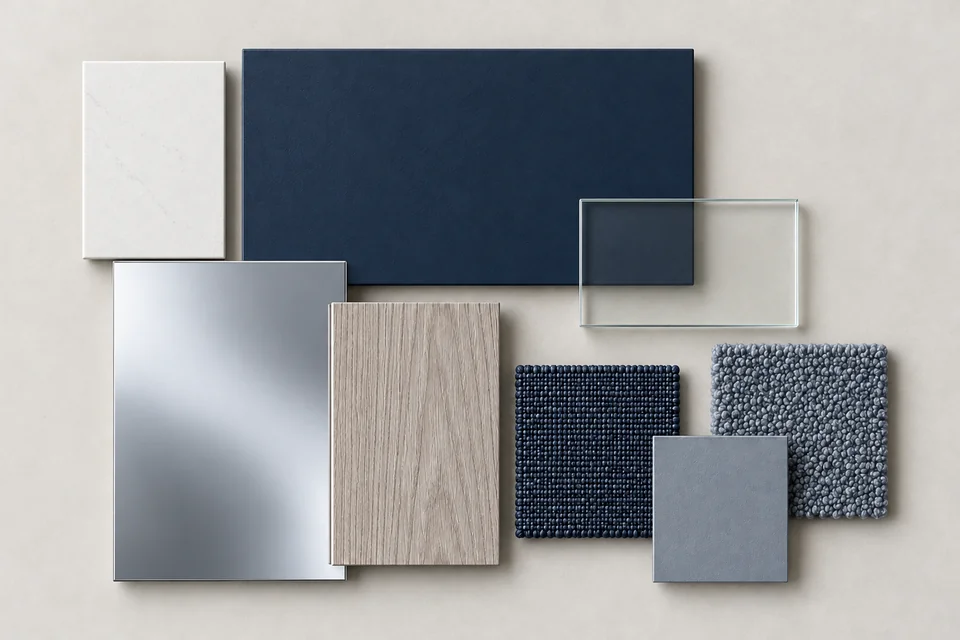 Navy & Chrome: Xanh navy, chrome sáng, xám lạnh. Bảng phối vật liệu minh họa AI.