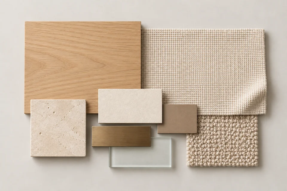 Oak & Linen: Gỗ sồi sáng, linen, beige. Bảng phối vật liệu minh họa AI.