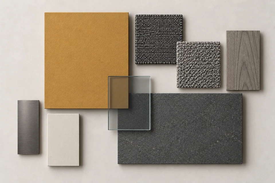 Ochre & Graphite: Vàng ochre, xám graphite, trắng ấm. Bảng phối vật liệu minh họa AI.