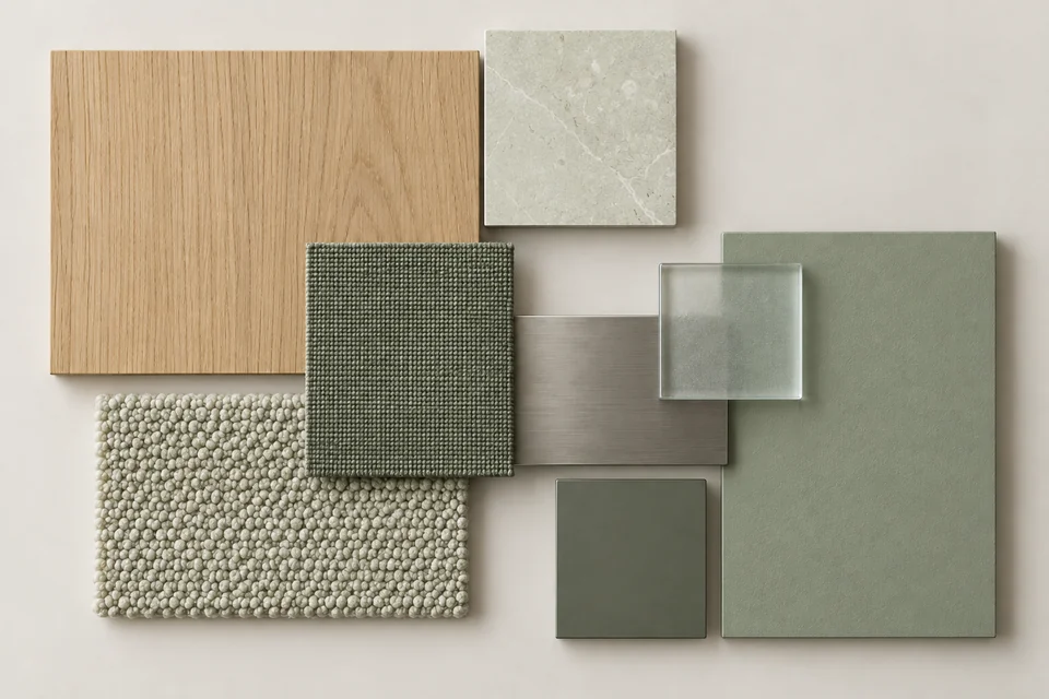 Sage & Timber: Xanh sage, gỗ tự nhiên, đá sáng. Bảng phối vật liệu minh họa AI.