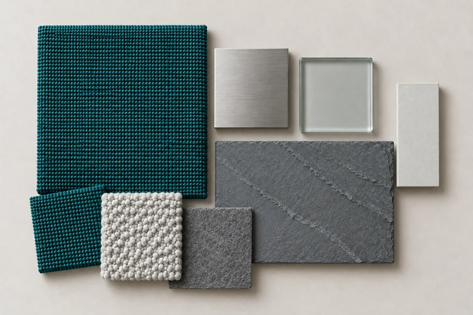 Teal & Slate: Xanh teal, xám đá, kim loại. Bảng phối vật liệu minh họa AI.