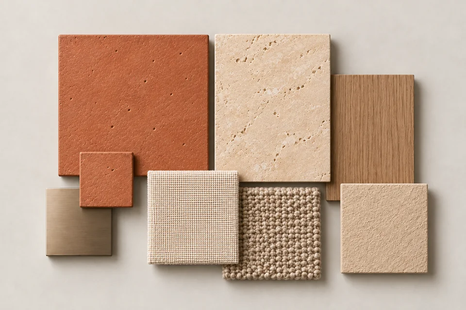 Terracotta & Sand: Đất nung, cát ấm, gỗ sáng. Bảng phối vật liệu minh họa AI.