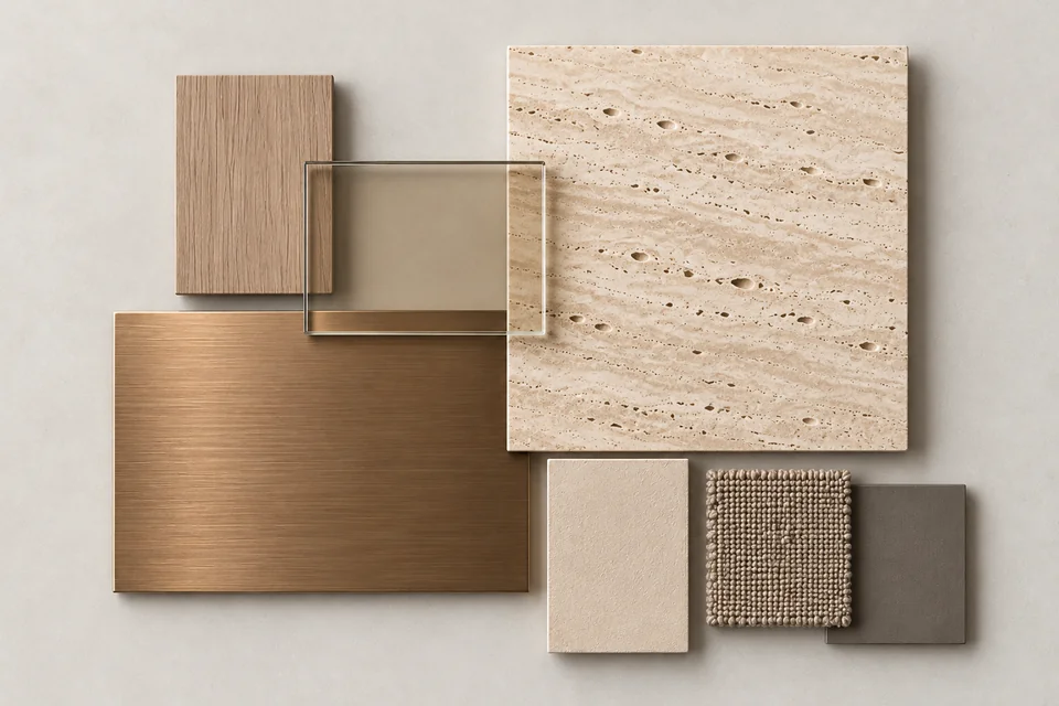 Travertine & Bronze: Đá travertine, kim loại đồng mờ. Bảng phối vật liệu minh họa AI.