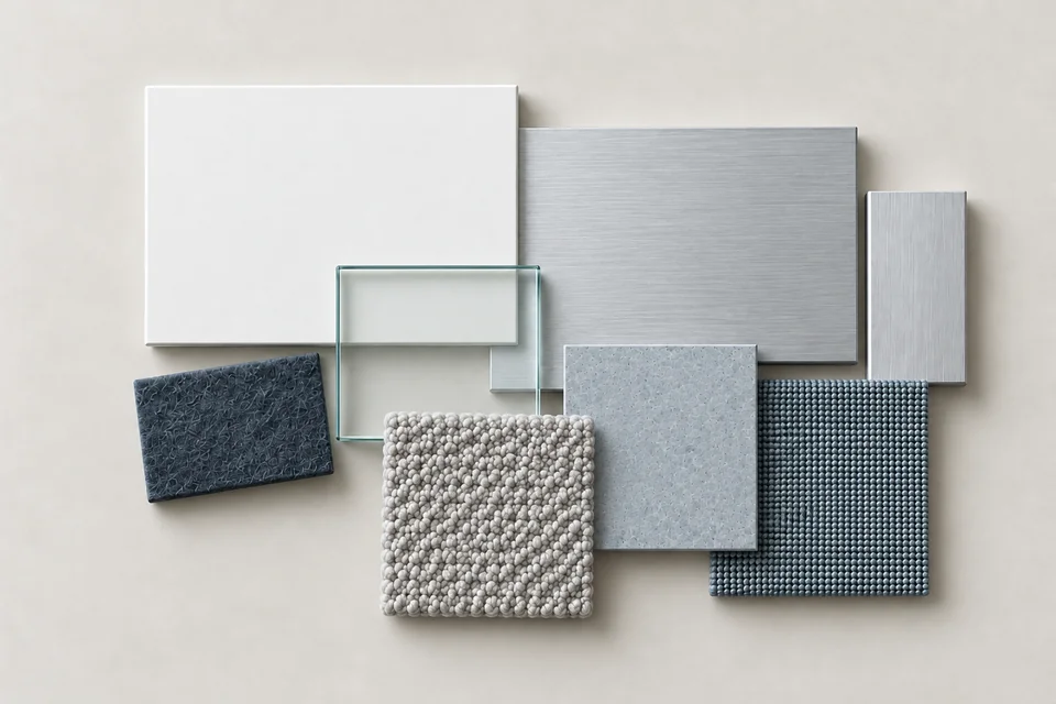 White & Aluminum: Sắc trắng, kim loại sáng, kính. Bảng phối vật liệu minh họa AI.