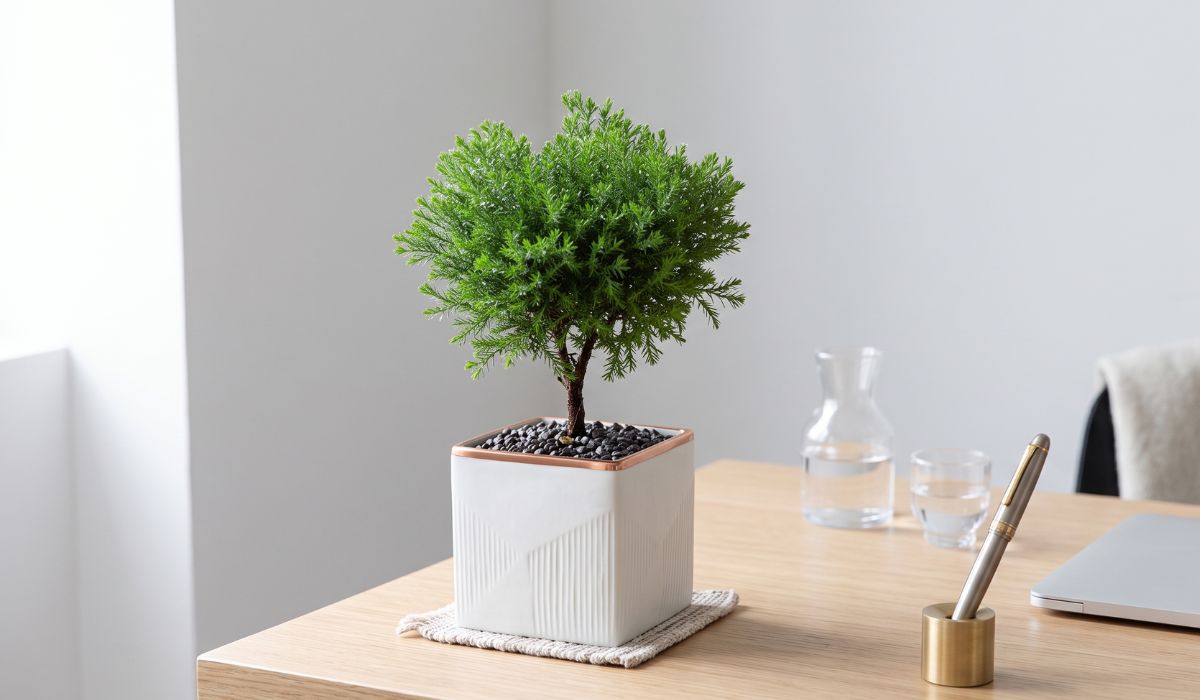 Cây Tùng Bồng Lai nhỏ được đặt trên bàn làm việc