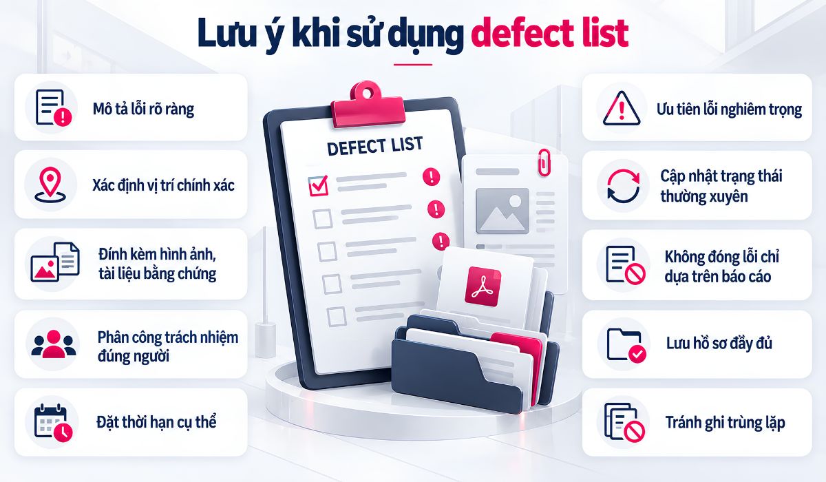 Lưu ý khi sử dụng defect list