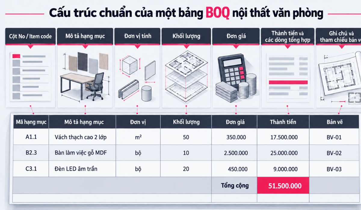 Cấu trúc chuẩn của một bảng BOQ nội thất văn phòng