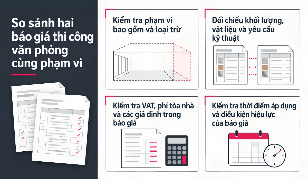 So sánh hai báo giá thi công văn phòng cùng phạm vi